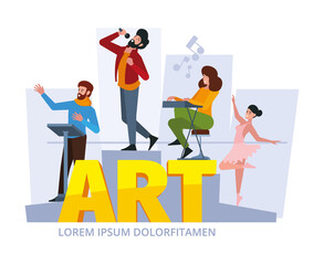 Creative persons working. Concept background with artists and designers making creative project garish vector illustration