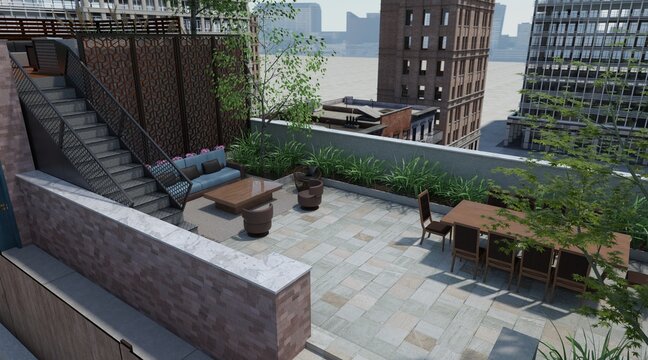 The Rooftop Garden Of The High-rise Building 3d Illustration