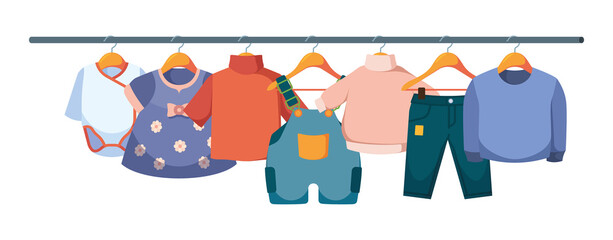 Kids clothes on hangers. Wardrobe of casual clothes for children jackets pants fabric colorful dresses garish vector flat illustration