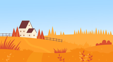 Farmhouse in autumn farm field, simple countryside landscape scene vector illustration. Cartoon rural agriculture scenery, yellow foliage grass pasture farmfields on hills and house background © Flash Vector