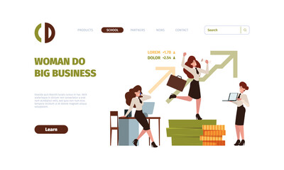 Freelancer landing. Woman in office workspace with laptop garish vector web page template with place for text