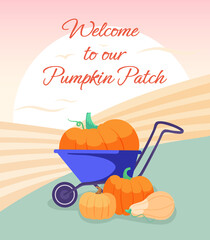 Pumpkin patch. Wheelbarrow with cute orange pumpkins on a farm field background. Organic autumn harvest.Thanksgiving. Colorful vector illustration. Cartoon style.
