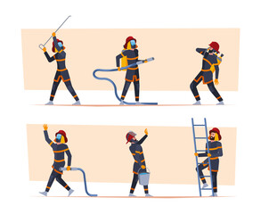 Fireman characters. Emergency safety save life persons fire fighters people with equipment garish vector professional workers in uniform