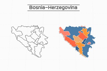 Bosnia-Herzegovina map city vector divided by colorful outline simplicity style. Have 2 versions, black thin line version and colorful version. Both map were on the white background.