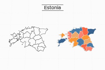 Estonia map city vector divided by colorful outline simplicity style. Have 2 versions, black thin line version and colorful version. Both map were on the white background.