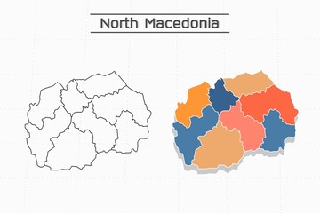 Obraz premium North Macedonia map city vector divided by colorful outline simplicity style. Have 2 versions, black thin line version and colorful version. Both map were on the white background.