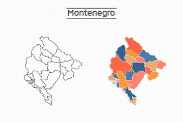 Montenegro map city vector divided by colorful outline simplicity style. Have 2 versions, black thin line version and colorful version. Both map were on the white background.