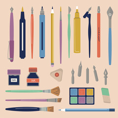 Artist tools. Pen brushes pencils markers liquid paint for craft calligraphic works professional stationery kit writers recent vector flat illustrations collection