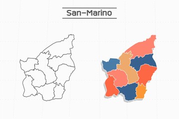 San-Marino map city vector divided by colorful outline simplicity style. Have 2 versions, black thin line version and colorful version. Both map were on the white background.