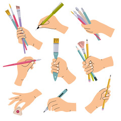 Stationary in hands. People holding brushes pencils lettering calligraphic items for artists recent vector flat templates set isolated