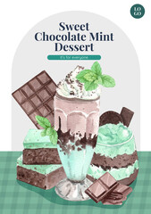 Poster template with chocolate mint dessert concept,watercolor style