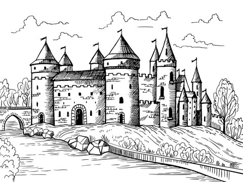 Black and white sketch drawing of historical fort Vector Image