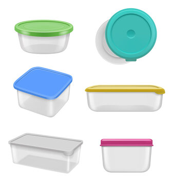 Transparent containers. Bowls and plastic boxes for food decent vector realistic templates set isolated