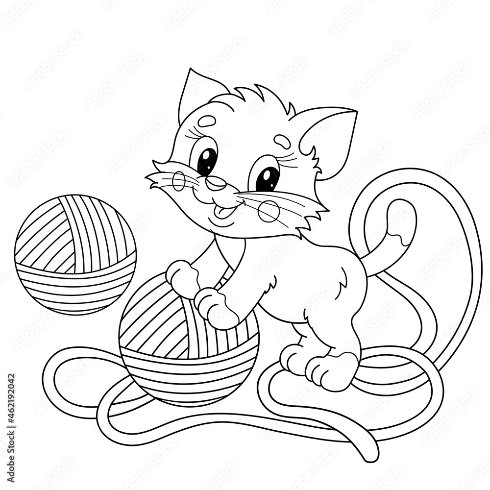 Sticker Coloring Page Outline Of cartoon little cat with balls of yarn. Cute playful kitten. Pet. Coloring book for kids