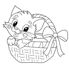 Coloring Page Outline Of cartoon little cat in presents basket. Fluffy gift. Cute kitten. Pet. Coloring book for kids