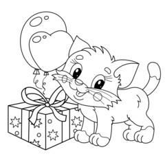 Coloring Page Outline Of cartoon little cat with presents and balloons. Cute kitten as a birthday gift. Pet. Coloring book for kids