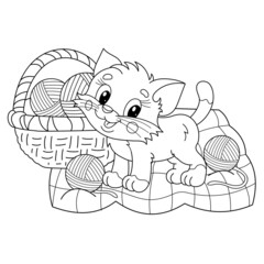 Coloring Page Outline Of cartoon little cat with basket for knitting. Cute playful kitten with balls of yarn. Pet. Coloring book for kids