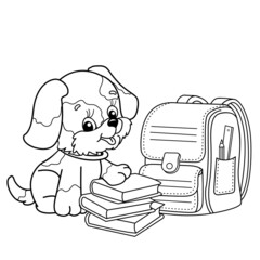 Coloring Page Outline Of cartoon little dog with school supplies. Cute puppy with satchel and books. Coloring book for kids