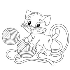 Coloring Page Outline Of cartoon little cat with balls of yarn. Cute playful kitten. Pet. Coloring book for kids