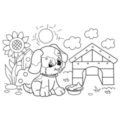Coloring Page Outline Of cartoon little dog with dog house and bone. Cute puppy in village summer. Coloring book for kids