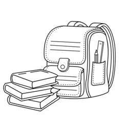Coloring Page Outline of children satchel or knapsack with books or textbooks. School supplies. Coloring book for kids - obrazy, fototapety, plakaty