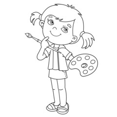 Coloring Page Outline Of cartoon girl with brush and paints. Little artist. Coloring book for kids