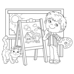 Coloring Page Outline Of cartoon boy with brush, paints and cat. Little artist at the easel drawing cute house. Coloring book for kids