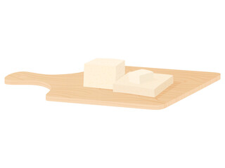 Wooden cutting board with tofu. Soy cheese and board isolated on white background.