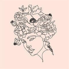 Woman face with butterfly. Line art female hands with flowers. Abstract face with floral  line drawing. Portrait minimalistic style. Female logo. Botanical poster print. Nature symbol of cosmetics. 