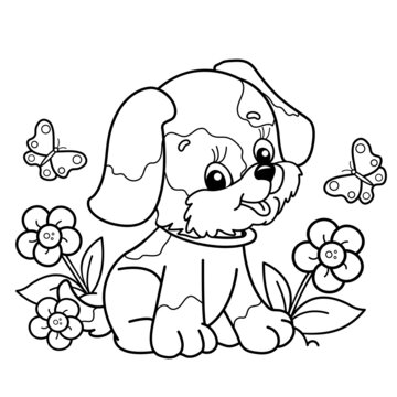 Coloring Page Outline Of cartoon little dog on flower clearing. Cute puppy with butterfly. Pet. Coloring book for kids