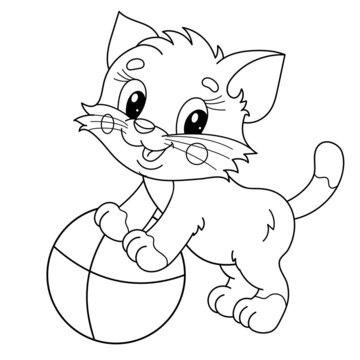 Coloring Page Outline Of cartoon little cat with toy ball. Cute playful kitten. Pet. Coloring book for kids