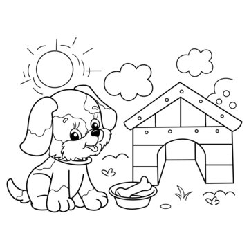 Coloring Page Outline Of cartoon little dog with dog house and bone. Cute puppy in village summer. Coloring book for kids