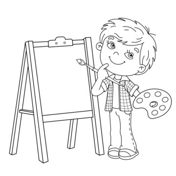 Coloring Page Outline Of cartoon boy with brush and paints. Little