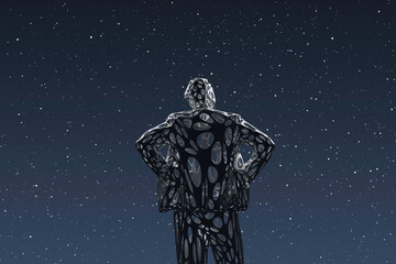 Three dimensional render of wireframe man admiring starry sky at night