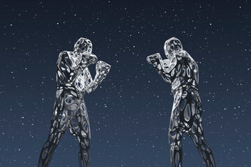 Three dimensional render of two wireframe men preparing to fight against starry sky at night