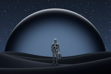Three dimensional render of wireframe man standing in front of large sphere with briefcase in hand