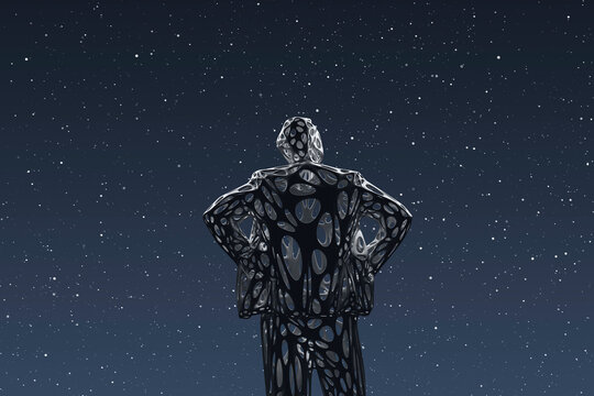 Three dimensional render of wireframe man admiring starry sky at night