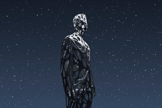 Three dimensional render of wireframe man admiring starry sky at night