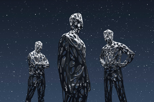 Three dimensional render of wireframe men standing against starry sky at night