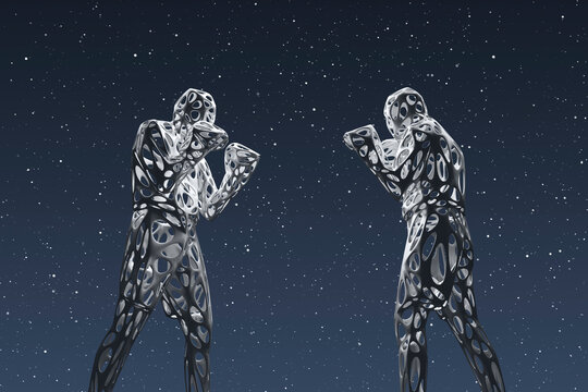 Three dimensional render of two wireframe men preparing to fight against starry sky at night