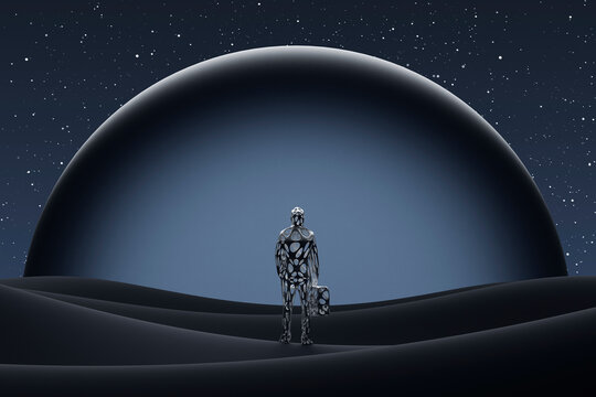 Three dimensional render of wireframe man standing in front of large sphere with briefcase in hand