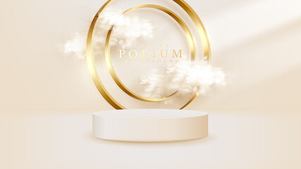 Product show podium with sparkle golden circle ring lines and clouds elements, 3d realistic luxury style background.