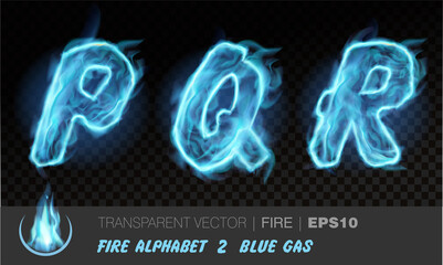 Alphabet of blue gas fire. Transparent realistic vector on dark background. Fiery font with light effect for your text. Letters PQR