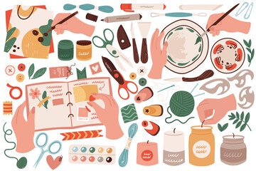 Handmade craft hobby set vector illustration. Cartoon human hands holding scrapbook with love heart, pencil and brush to draw, tailor, knitting and sewing tools handicraft collection isolated on white