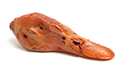 Duck head with marinated sauce on white background