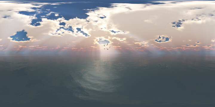 360 Grad Panorama mit Seemöwen im offenen Meer