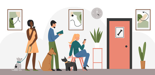 Veterinary hospital and people with sick animals, queue at receptionist in clinic interior vector illustration. Cartoon vet medical service for pet animals, visit to veterinarian doctor background