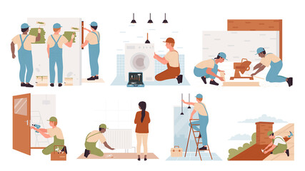 Repairman at work repair service set vector illustration. Cartoon worker electrician character working, handyman technician in helmets repairing equipment at home, painting wall isolated on white