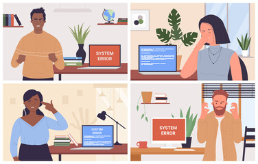 Fototapeta premium Mistake error on computer screen and angry or sad business people vector illustration set. Cartoon man woman employee characters have pc problem, frustrated businessman in office workplace background
