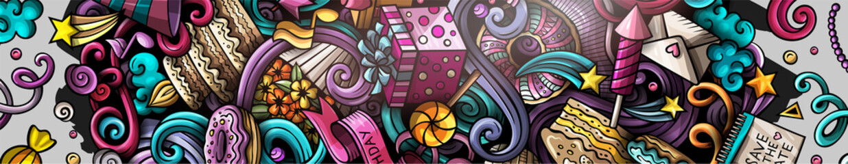 Happy Birthday hand drawn doodle banner. Cartoon vector detailed flyer.